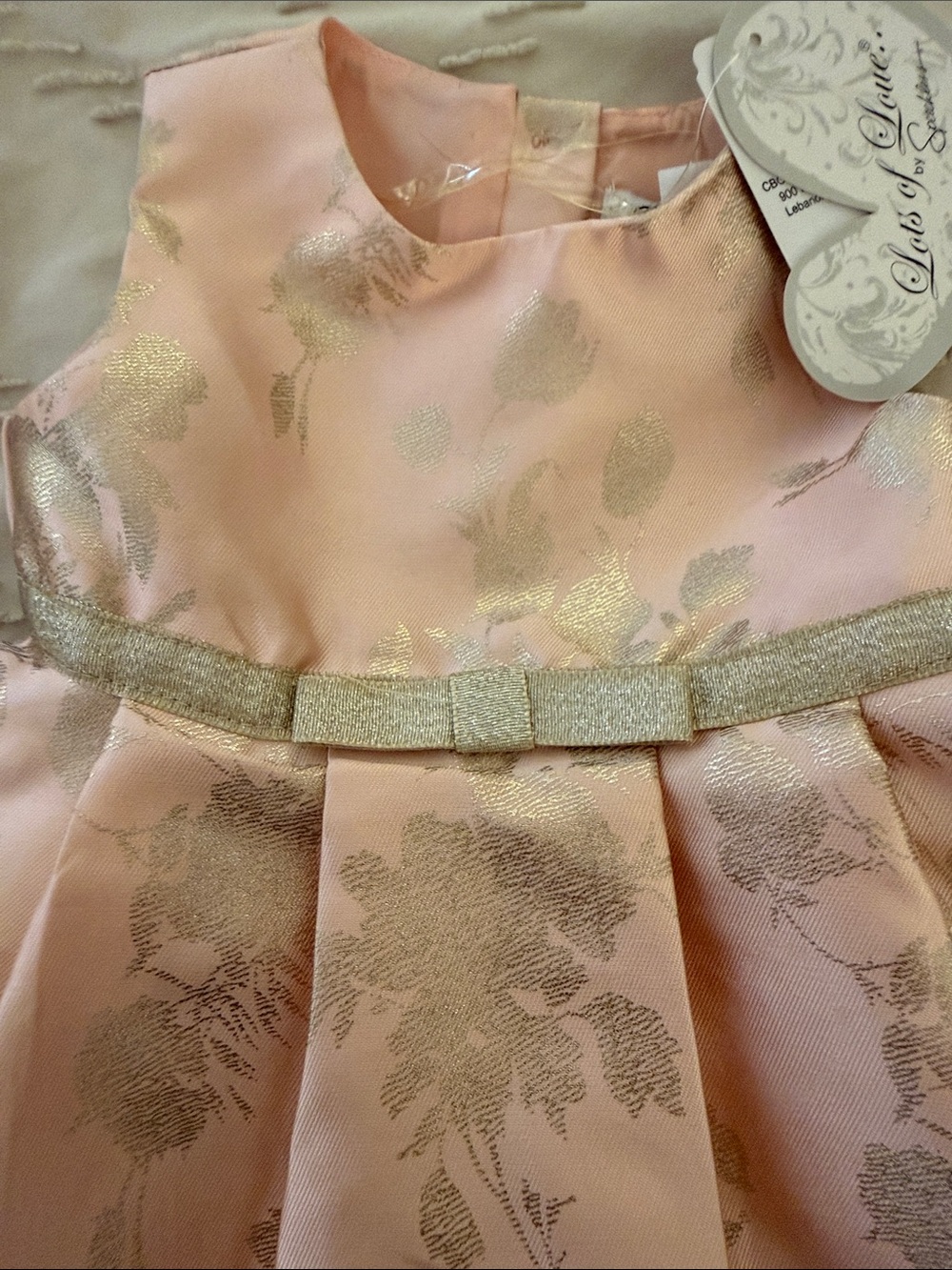Girls Pink Floral Jacquard Party Dress with Gold Bow Belt - Picture 2 of 6